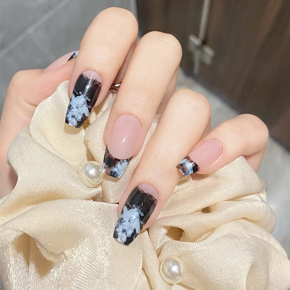 

24P Nude Black White Meteorite Latte Nail Art Fake Nails Artificial Long Ballet Square Head False Nail Removable Press on Nails
