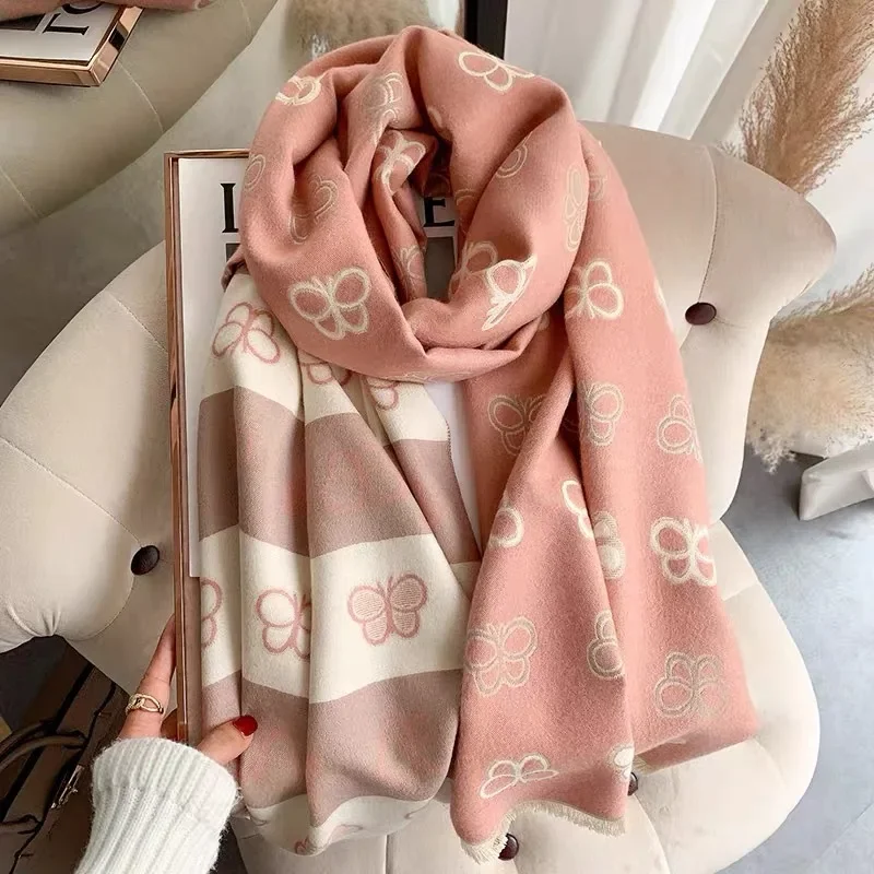 Women's Autumn and Winter Scarf Korean Version of Cute and Sweet Butterfly 100% Cashmere Thickening Warm Neck Scarf Double-sided
