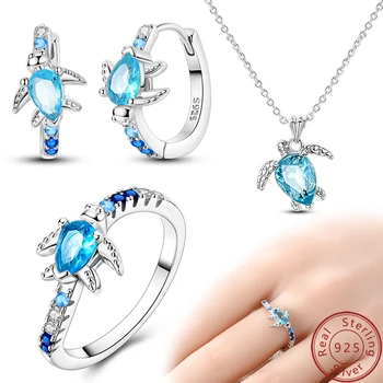 Women's 925 Sterling Silver Sparkling Blue Turtle Jewelry Set Earrings Necklace Ring Fine Birthday Gifts 1