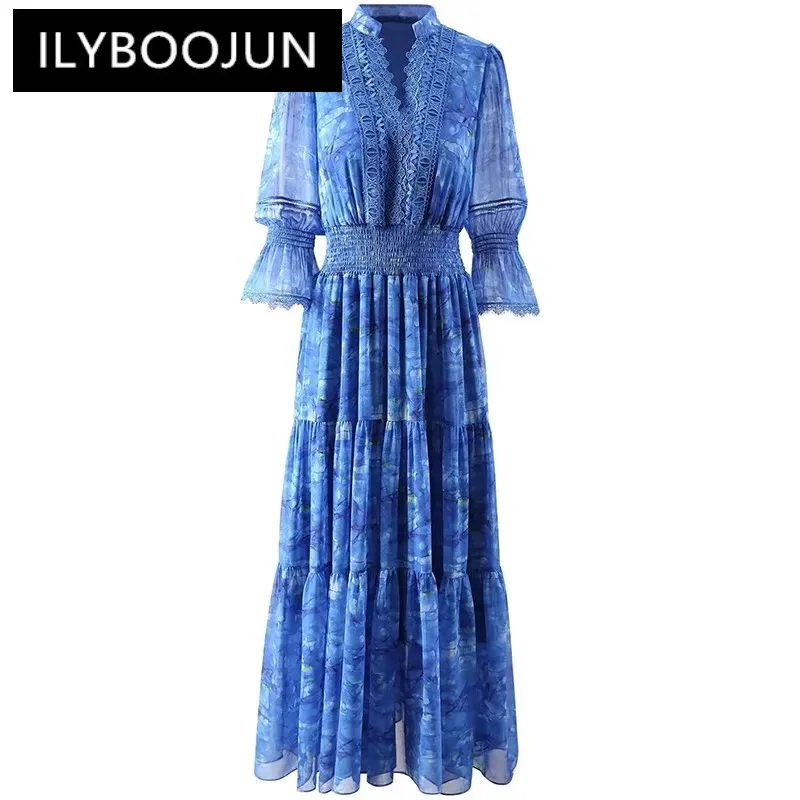 

ILYBOOJUN New Fashion Runway Designer Women's V-Neck Flared Long-Sleeved Stretch Waist Printed Patchwork Lace Vintage Dress