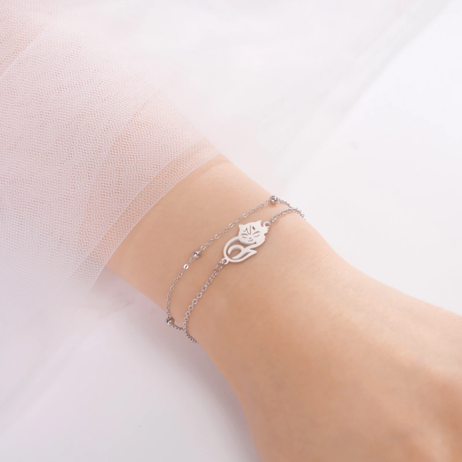 Cute Lying Cat Charm Bracelet for Women Stainless Steel Animal Kitten Wax Rope Hand Bracelet Jewelry - PeticaDeals