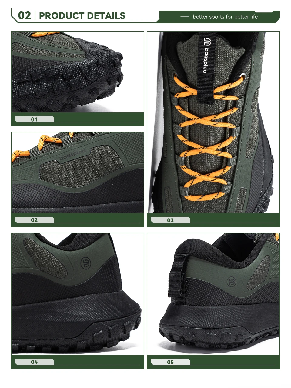 Description Picture 6 of itemBaasploa Hiking Shoes Men Outdoor Camping Waterproof Resistant Non Slip Sneakers Male Casual Lightweight Lace-Up Walking Shoes
