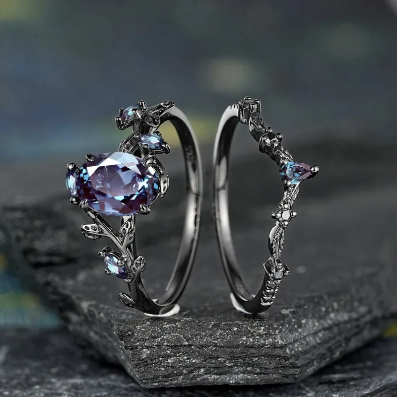 Delicate Women Rings Black Color Round Blue Stone Flower Rings Party Accessories Gift 2