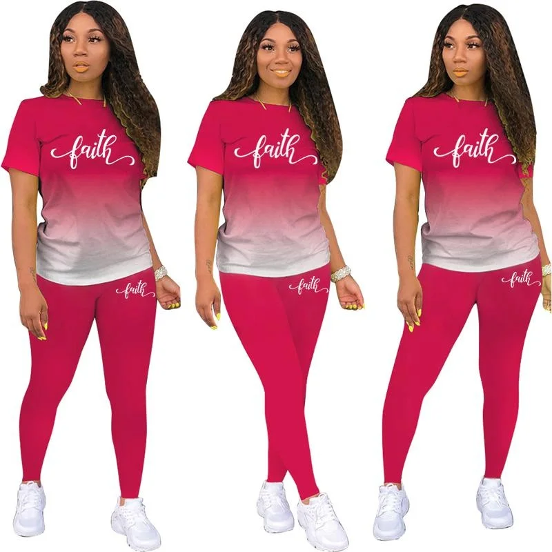 New Women's Gradient Sports FitnessSets Short Sleeve T Shirt+Pants Women's Fashion Faith Printed Tracksuit Casual Sportwear