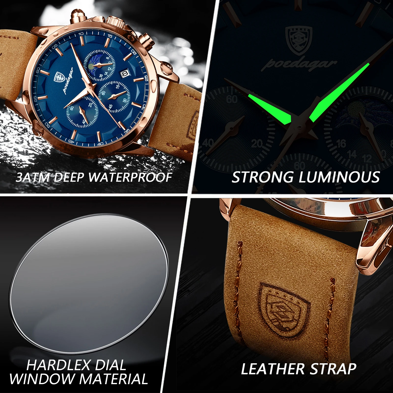 Relógio masculino de alta moda, luminoso, à prova d'água, com pulseira de couro e mecanismo de quartzo. Possui data, cronógrafo e é ideal para negócios._voghion.com