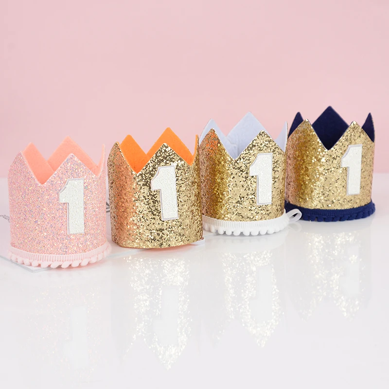 Baby 1st Birthday Party Hat Princess Crown Glitter Headband Kids Baby Boy Girl One Year Birthday Decoration Supplies Photo Props