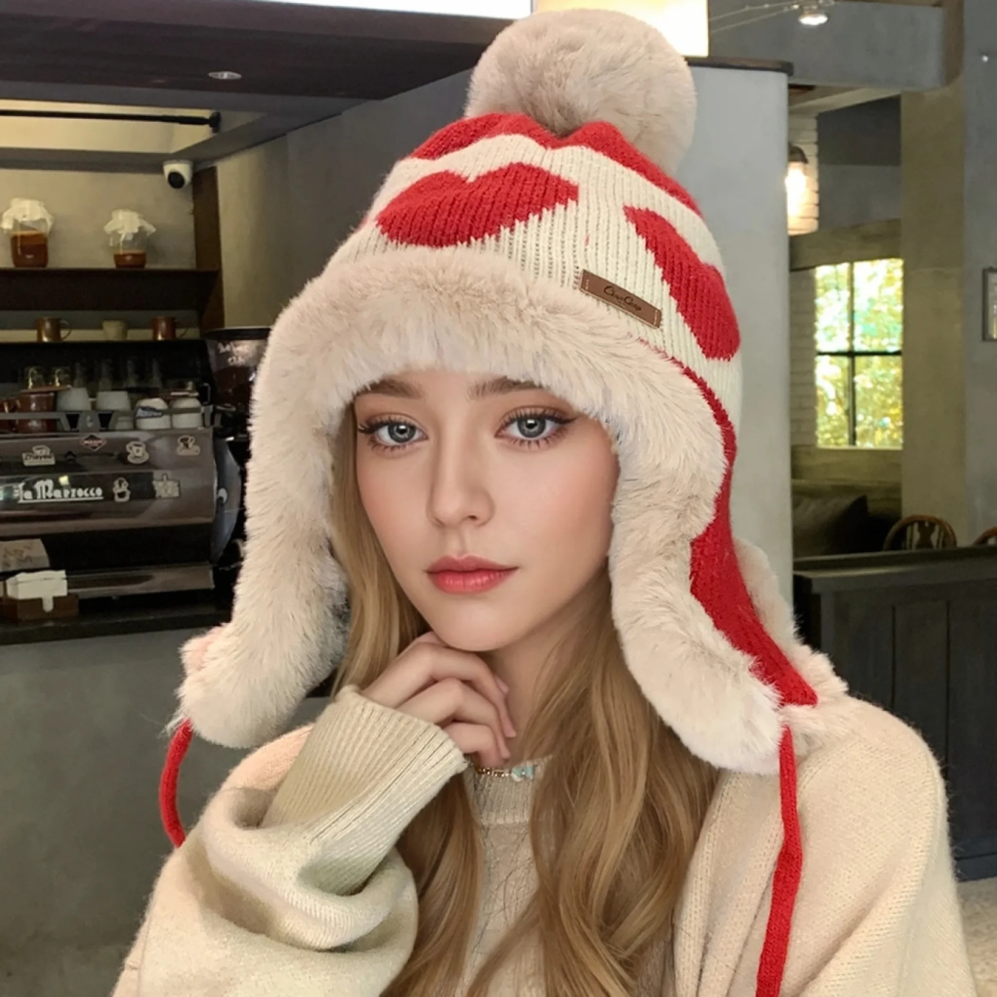 Hot Sale Women Cute Plush Winter Hat Love Print Pompoms Beanie Hats Lovely Ear Protection Cap For Girls