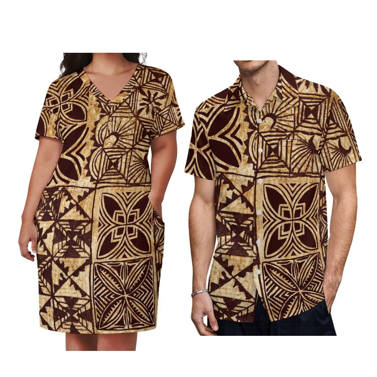 

New Arrivals Hawaii Personality V-Neck Dress Women'S Tonga Polynesian Tribal Ethnic Style Short Sleeve Pocket Gowns