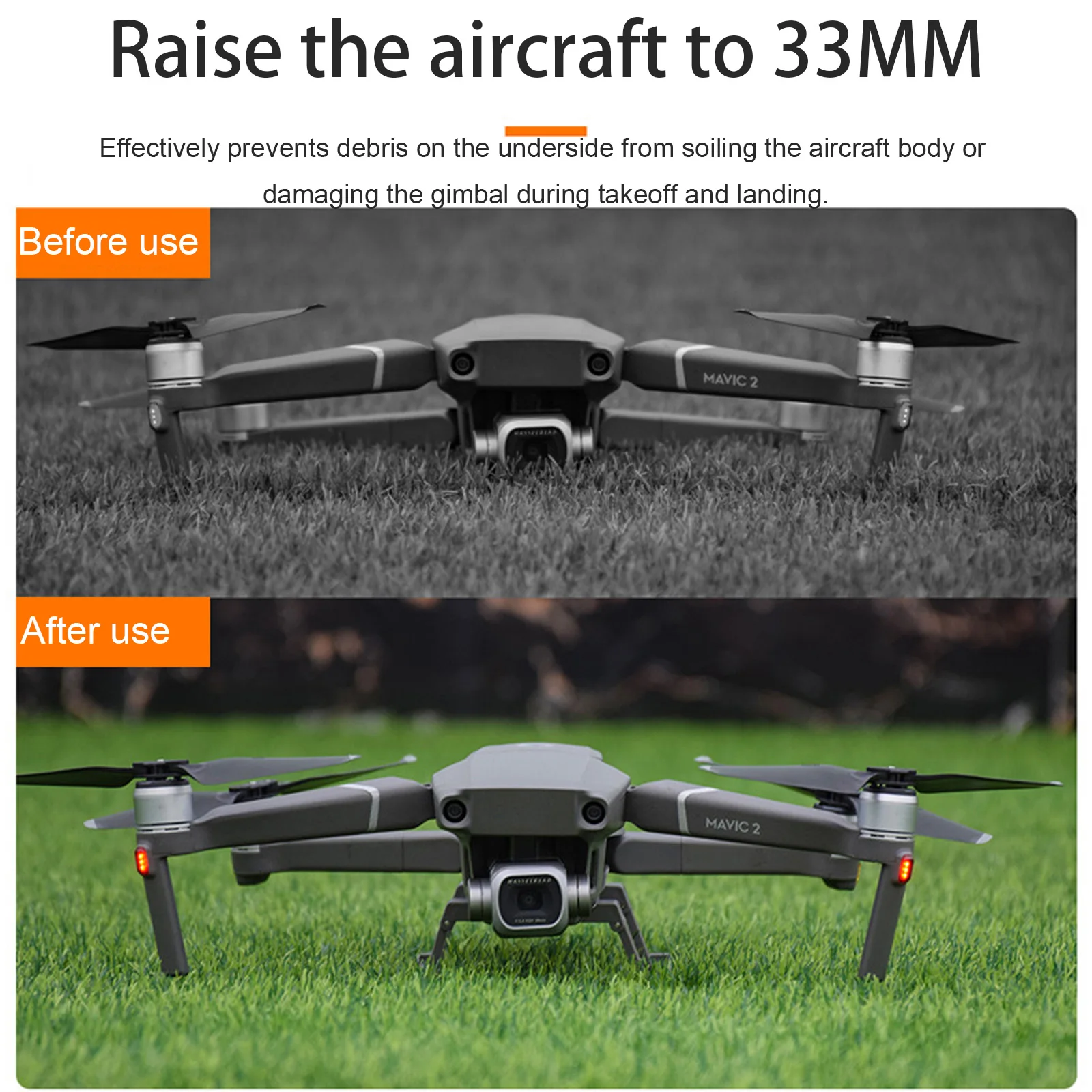 Gros plan sur le mécanisme de pliage du train d'atterrissage pour DJI Mavic 2 Pro/Zoom, assurant protection et stabilité lors de l'atterrissage.
