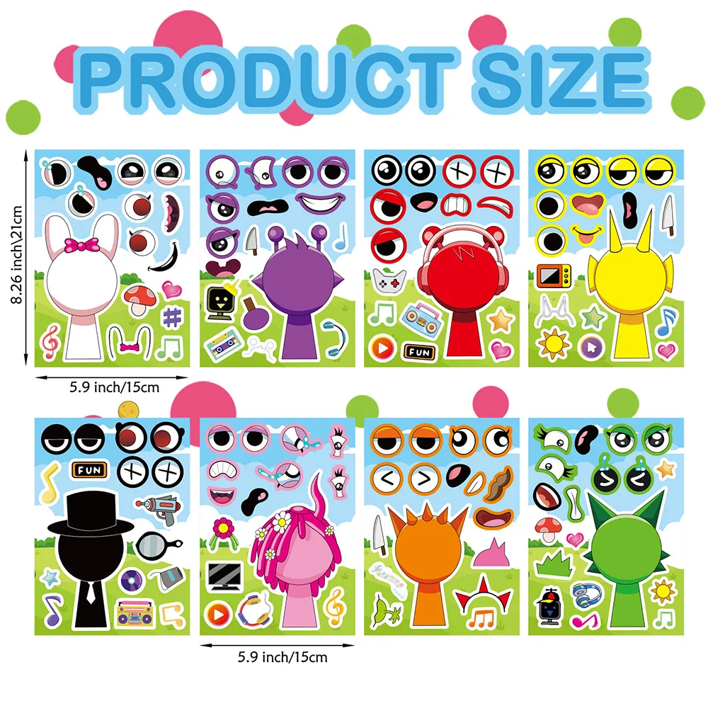 8/16Sheets Children DIY Incredibox Sprunki Make a Face Puzzle Sticker Funny Game Assemble Jigsaw Kids Toys Cartoon Decals Gifts