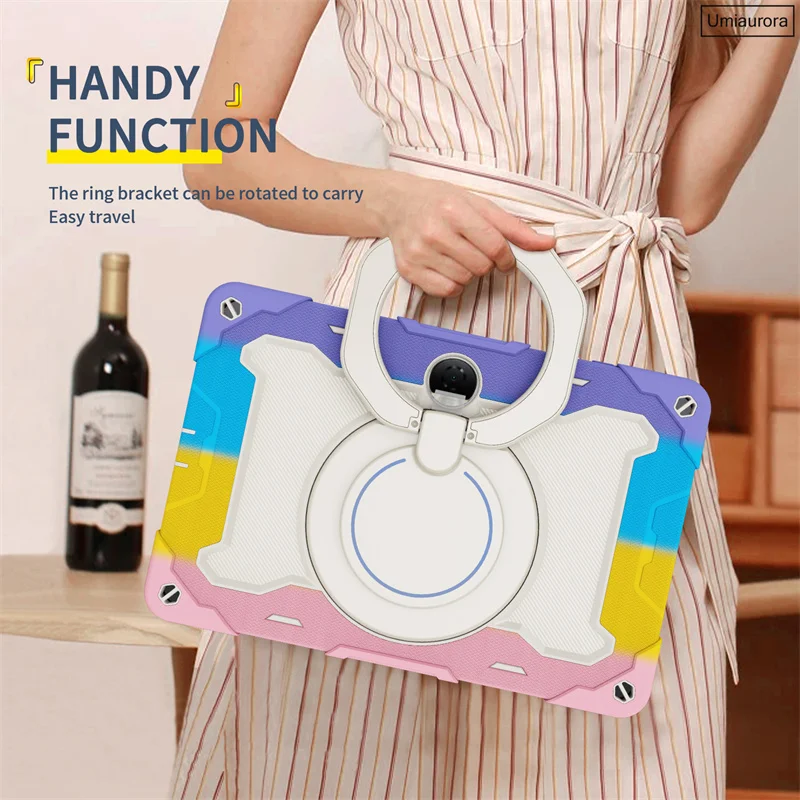 Shockproof Rugged Tablet Case with Pull Ring Stand and Strap - Enhanced Protection Cover