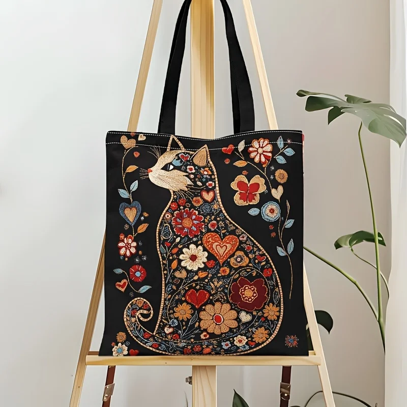 합리적 선택, 여성용 꽃 검은 고양이 토트백, 유니크한 쇼핑백! 합리적 선택, 여성용 꽃 검은 고양이 토트백, 유니크한 쇼핑백!