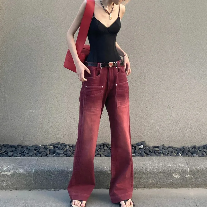 

American casual jeans women's street style loose denim trousers high waist Y2k retro washed old wide-leg pants red tooling
