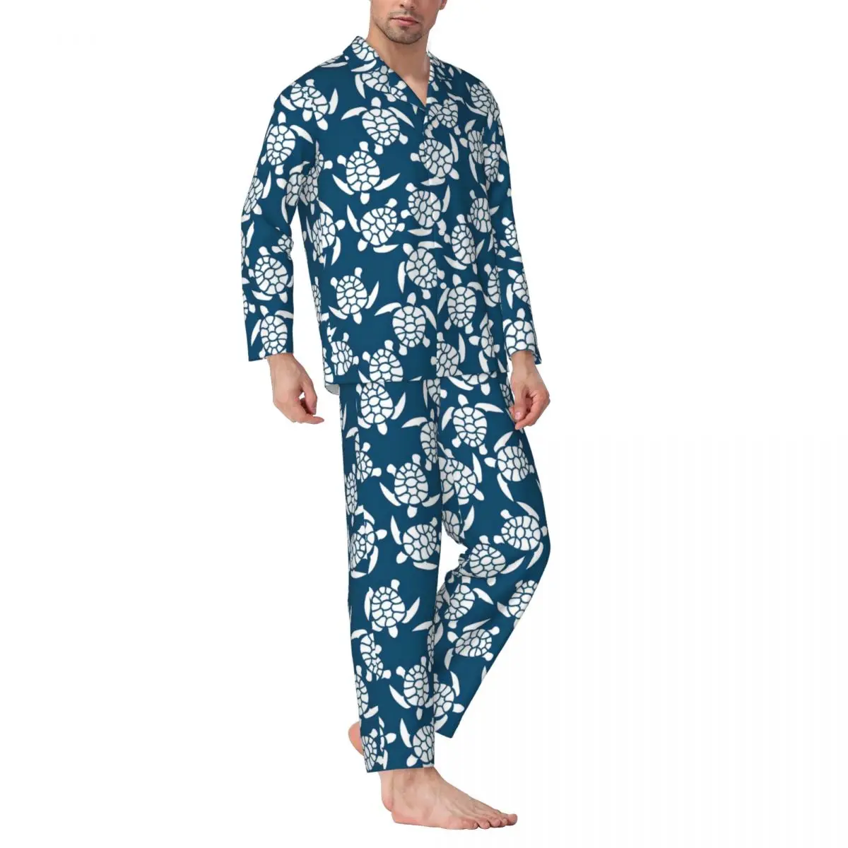

Cute Turtles Pajama Sets White and Blue Kawaii Sleepwear Male Long Sleeve Vintage Sleep 2 Pieces Nightwear Plus Size