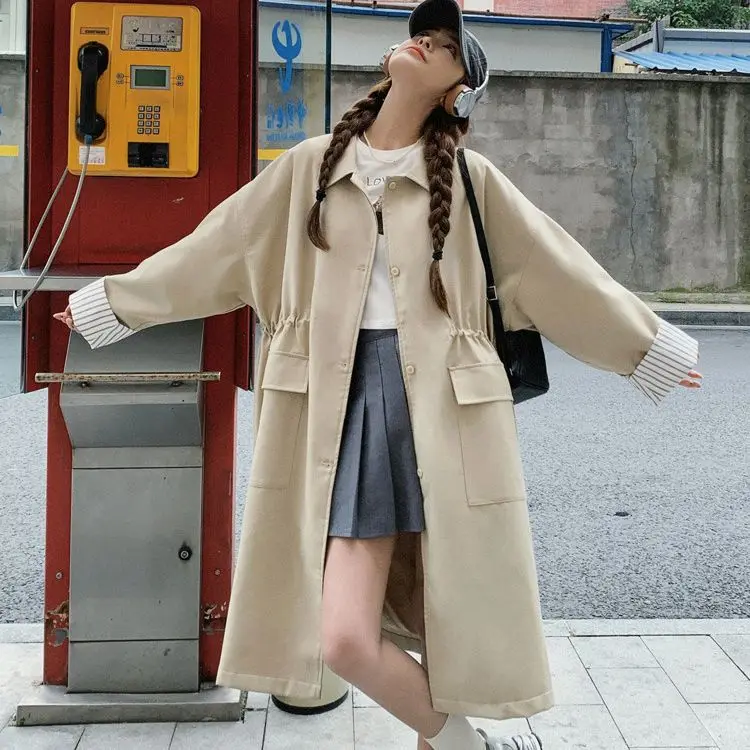 

SuperAen Khaki Trench Coat Women's 2023 Spring and Autumn New Korean Chic Style Loose Casual Long Trench Coat