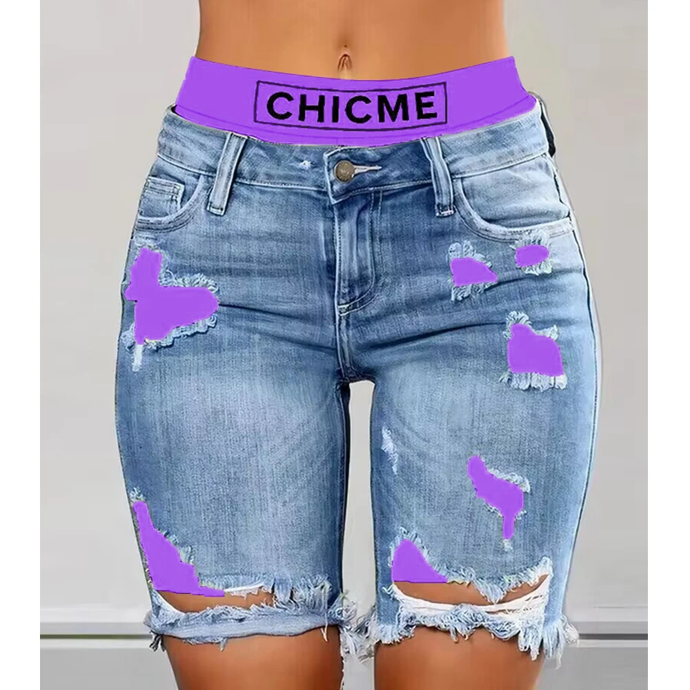 Wepbel Pantaloncini Di Jeans Finti 2 Pezzi Donna Estate Jeans Strappati Sexy Colorblock Lettera Stampa Jeans Corti Pantaloncini Di Jeans Strappati Str