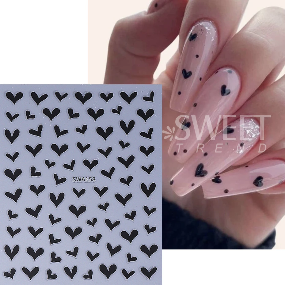 6pcs Valentine's Day Love Heart Nail Art Stickers Black White Red Peach Heart Lines Nail Decals DIY Romantic Manicure Decoration