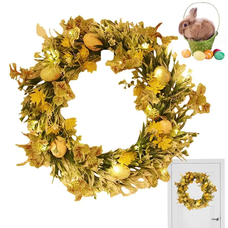 

2024 Easter Wreath Colorful Flower Egg Wreath With LED Lights Artificial Flowers And Green Leaves Hanging Home Decor Accessories
