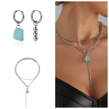 Women's Fashion Trend Handmade Bead Necklace Stone Pendant Earrings Jewelry Sets 1