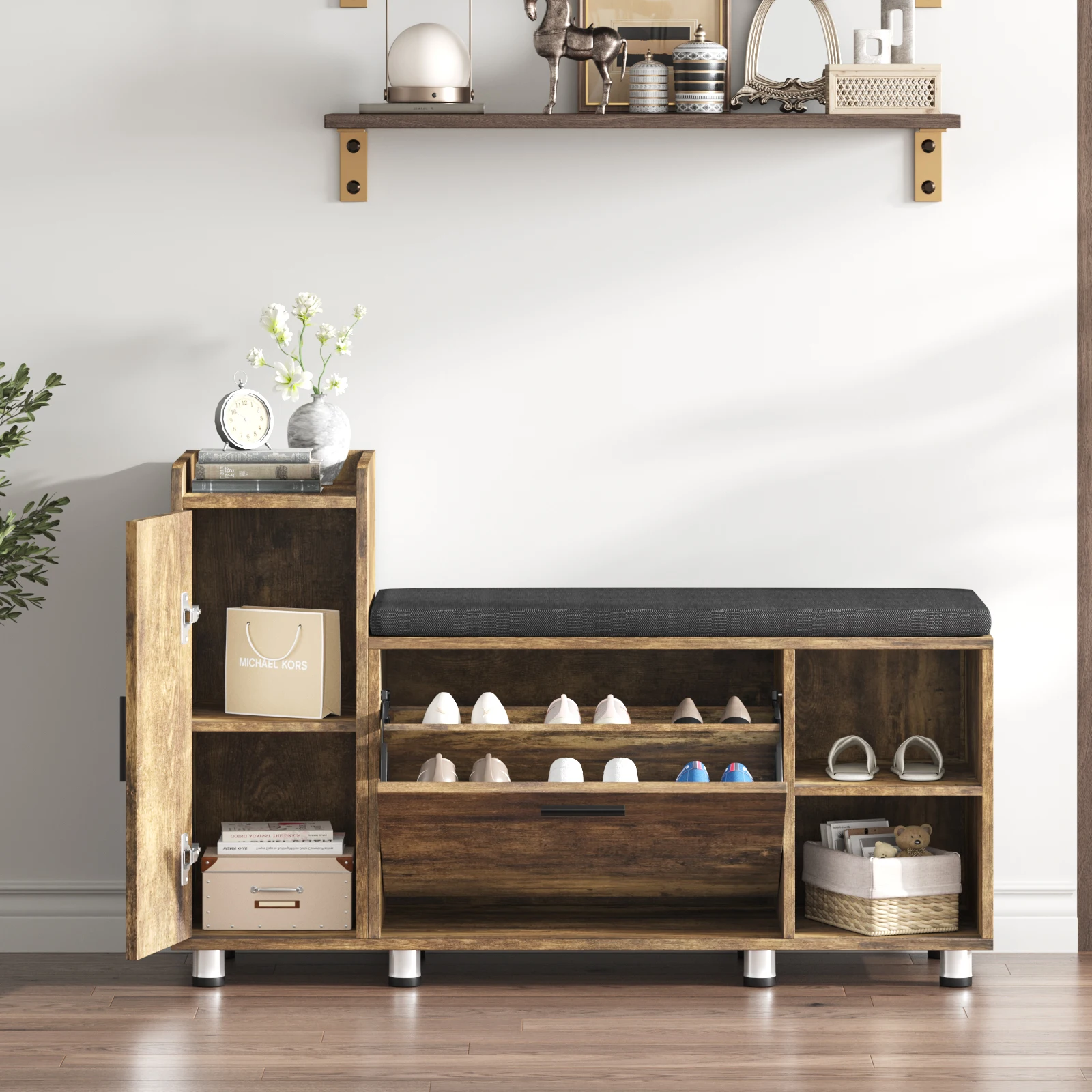 Vabches Shoe Cabinet Shoe Storage Bench with Flip Drawer Entryway Wood Bench with Adjustable Shelf & Removable Seat Cushion