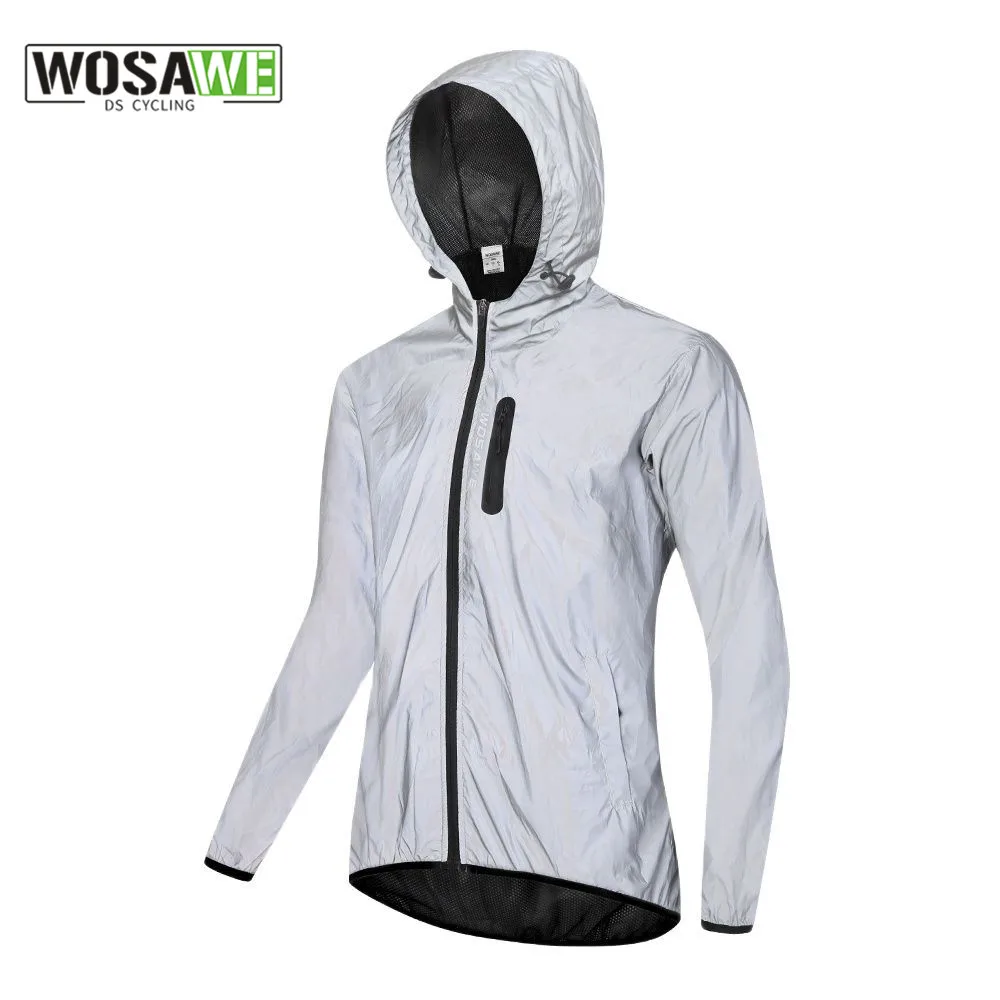 WOSAWE Full Reflective Cycling Jackets Men Coats Spring Autumn Hooded Windbreaker Bike Soft Windproof Waterproof Jacket