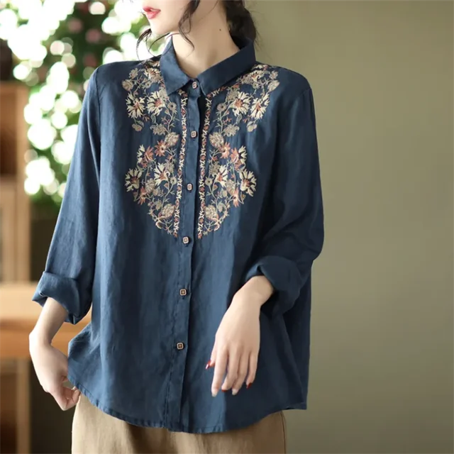 Retro Blouses For Women National Shirt Cotton Linen Shirt Loose Embroidered Blous Laple Long Sleeve Cardigan Top Female Shirts 1