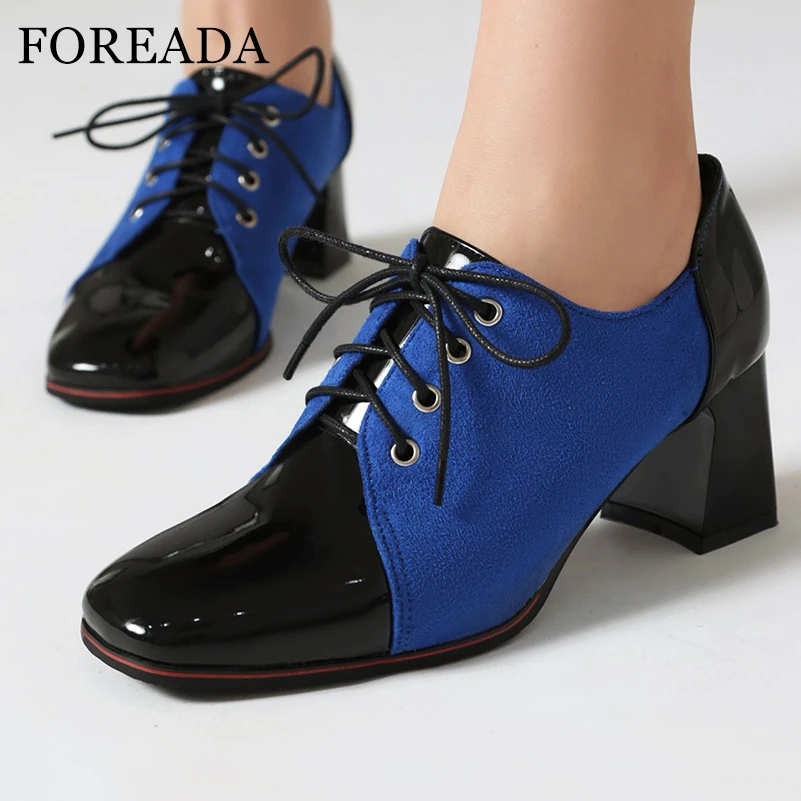 

FOREADA Women Pumps Square Toe Thick High Heels Lace-up Mixed Colors Lady Fashion Career Shoes Spring Autumn Black Blue Camel 43