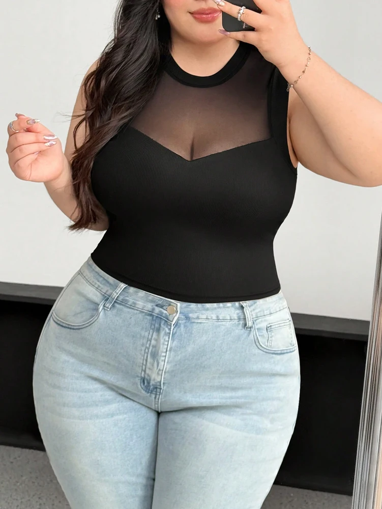 Plus Size Women’s 2025 Summer New Sleeveless Round Neck Mesh See Through Sexy Mesh Splicing Black Blouse T Shirt Polyester Best Sellers In Women's Clothing