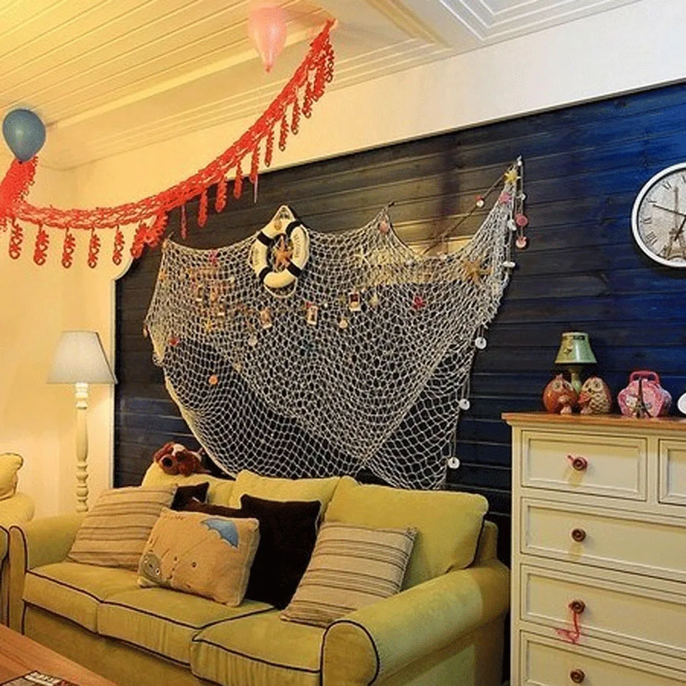 Nautical Cotton Fish Net Wall Decor with Shells for Home
