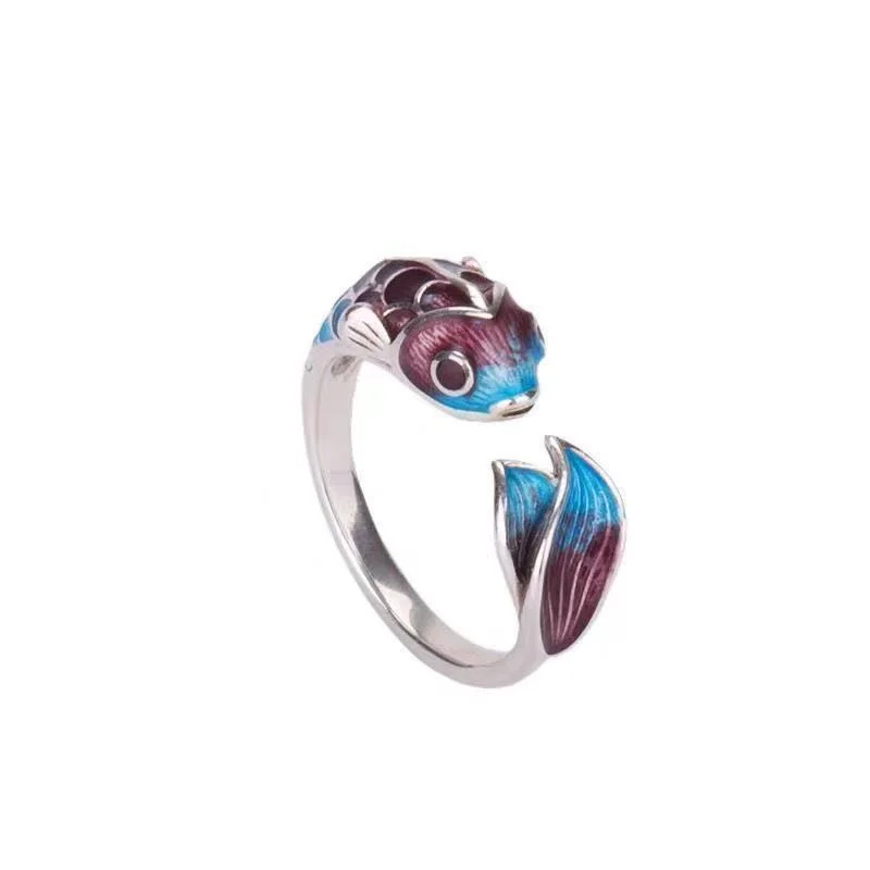 Vintage Lucky Koi Fish Open Ring For Women Fashion Silver Plated Copper Blue Lotus Rabbit Finger Rings Wedding Party Jewelry 3