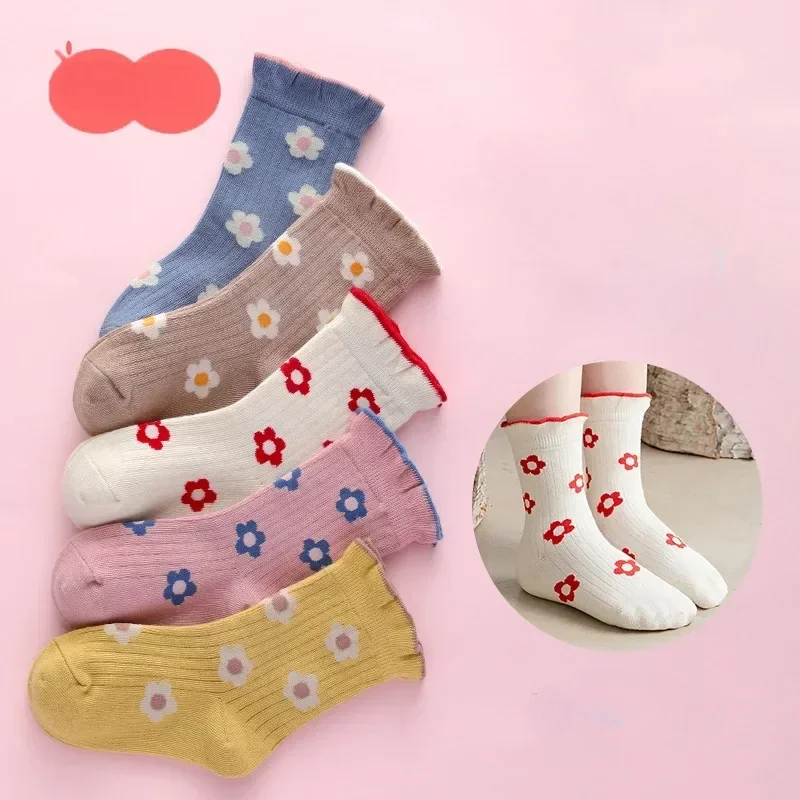 5 Pairs/Lot Kids Soft Cotton Socks Korean Love Heart Flower Print Baby Girl Socks Autumn Winter Warm Children Middle Tube cotton socks kids socks baby socks girls socks