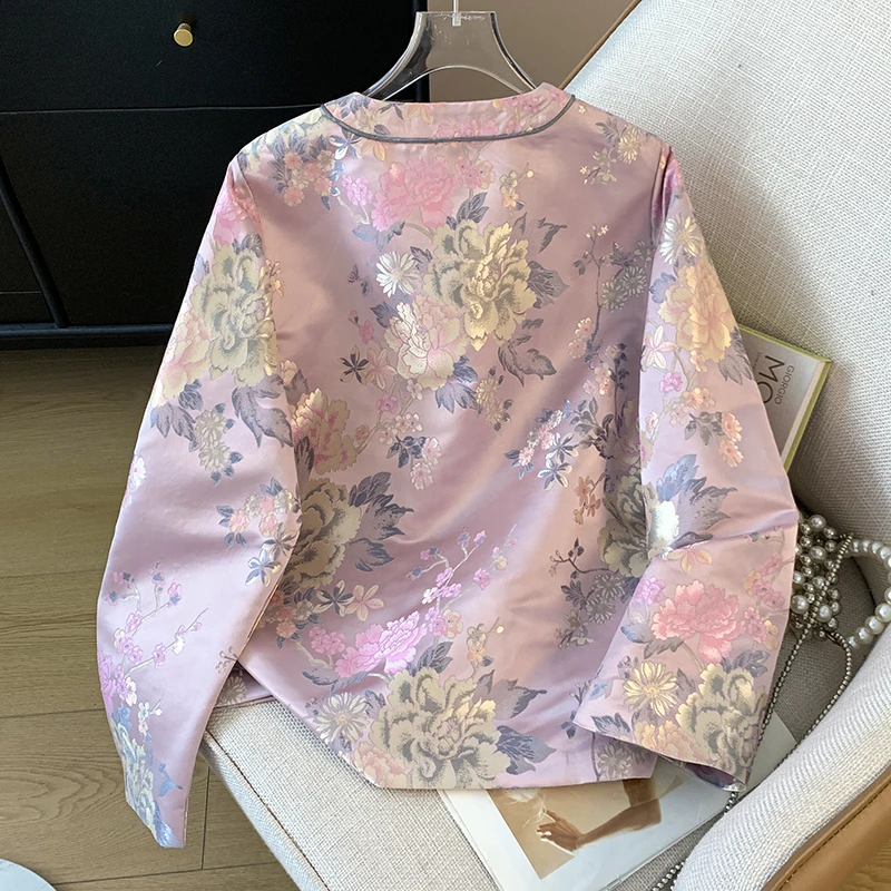 Spring New Chinese Style Hanfu Tang Costume Jacquard Woven Gold Embroidery Long Sleeve Cardigan Women's Jacket Crew Neck D3