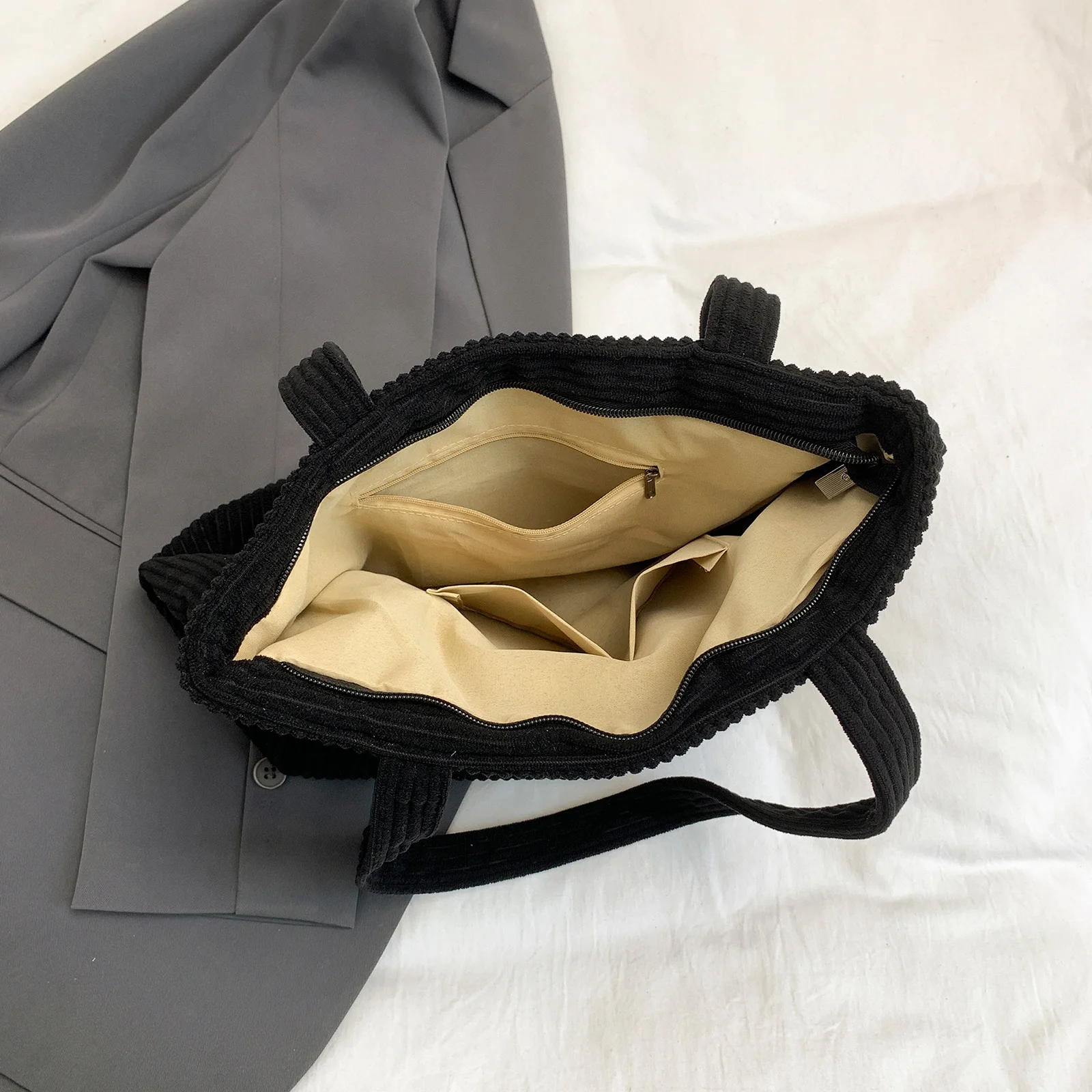 Corduroy Shoulder Hobo Bag Large Capacity Casual Shopping Work Bag with Pocket Solid Color for Work College Shopping