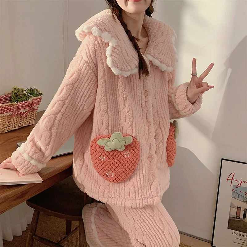 Panda Nightclothes Suit Women Autumn Winter Coral Fleece Thermal Pajamas Female Flannel Fleece-Lined Thickened Cartoon Homewear