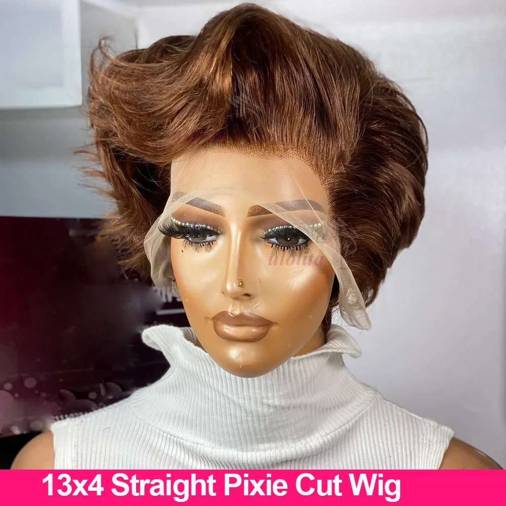 200 Density chocolate brown Short Bob Human Hair Wigs C Part 13x4 Lace Frontal Wig Pixie Cut Cut Brazilian Remy Hair For Women
