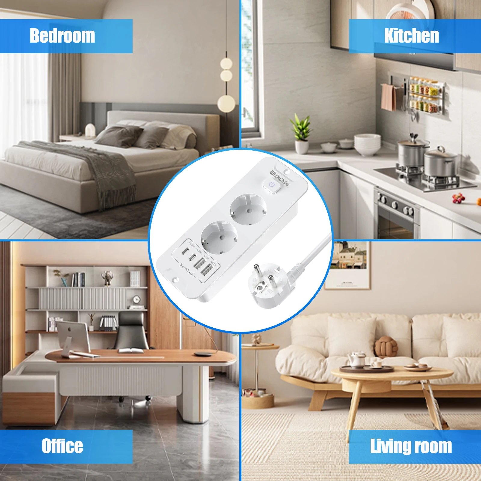 EU Table Top Recessed Socket with 2 USB A 2 Type C PD20W Fast charge, Built in Socket Desktop Hidden Power Outlet with 2M Cable 6