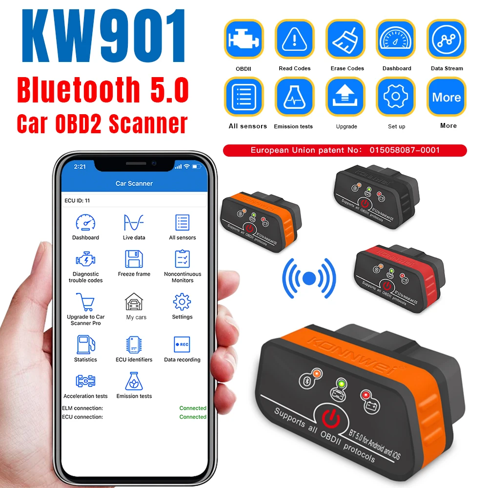 2025 nouveau KONNWEI KW901 ELM327 V1.5 Bluetooth5.0 voiture Auto OBD2 Scanner Android/IOS outil de Diagnostic de voiture lecteur de Code pk Vgate ICAR2