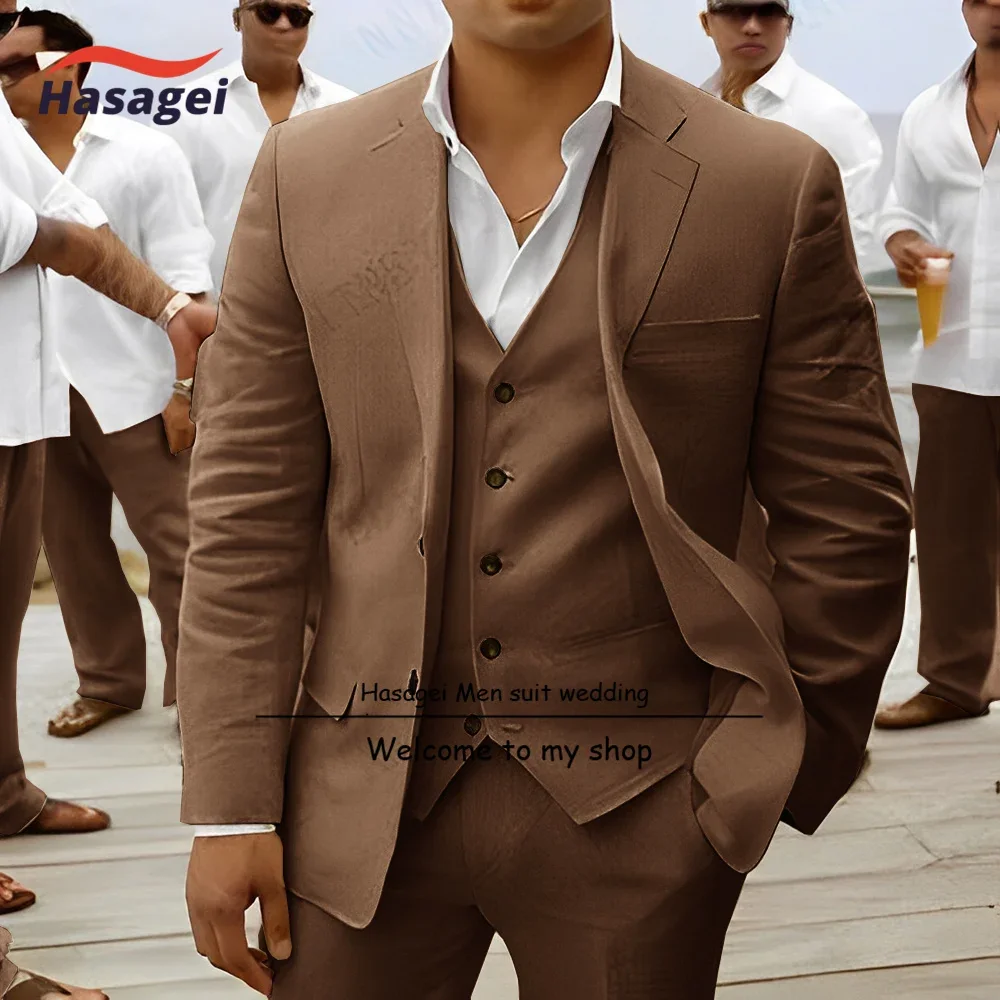 2023 Men's Suit Linen Material Jacket Pants Vest 3-piece Set Groom Wedding Tuxedo Breathable Slim Fit Formal Blazer