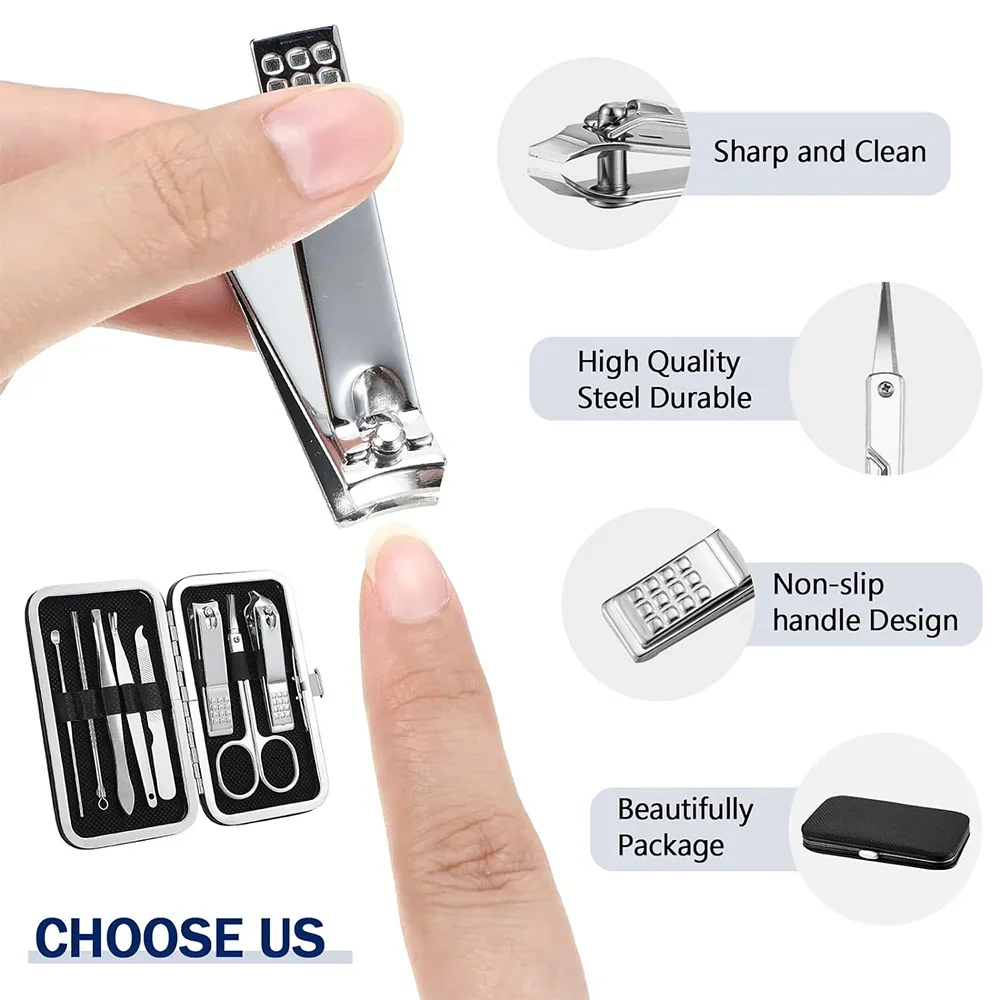 8Pcs Stainless Steel Manicure Set Pocket Nail Clipper Kit Portable Organizer Pedicure Nail Scissor Tool Wood Art Letter Pattern