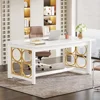Computer Desk 55" Large Office Desk Storage Cabinet，Drawers Farmhouse  Long Monitor Stand Reversible Desk Power Outlets 2