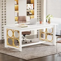 Computer Desk 55" Large Office Desk Storage Cabinet，Drawers Farmhouse  Long Monitor Stand Reversible Desk Power Outlets 2