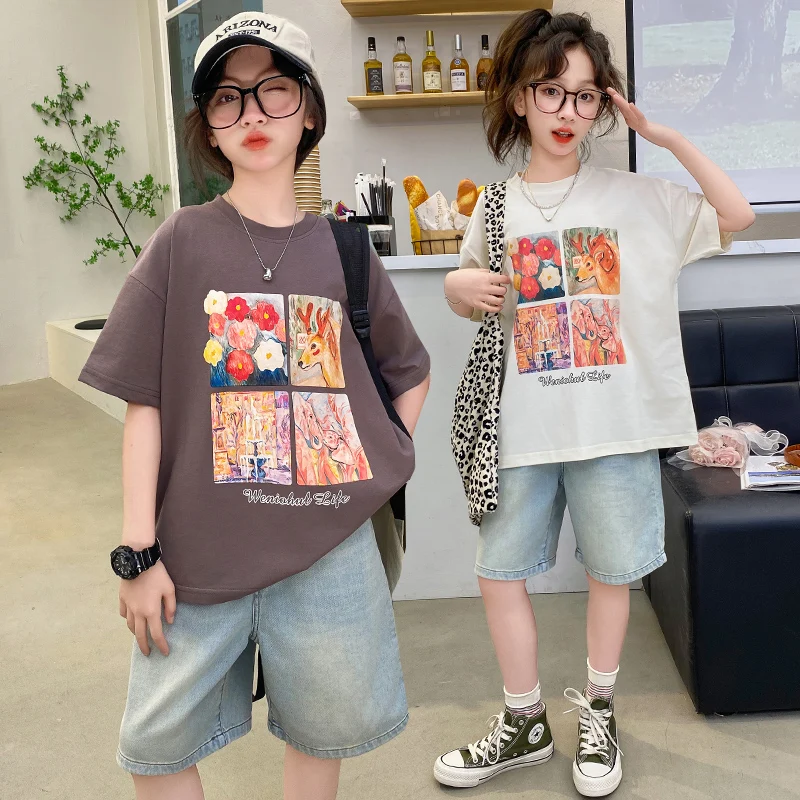 

Летняя хлопковая футболка для девочек-подростков с цифровым принтом, 10, 12, 14, Повседневная футболка для маленьких детей, топ для девочек, футболка, детская одежда, magliette