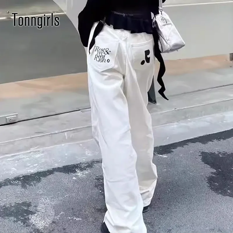 Tonngirls 여성용 화이트 아메리칸 레트로 청바지, 하이 스트리트 캐주얼 ..