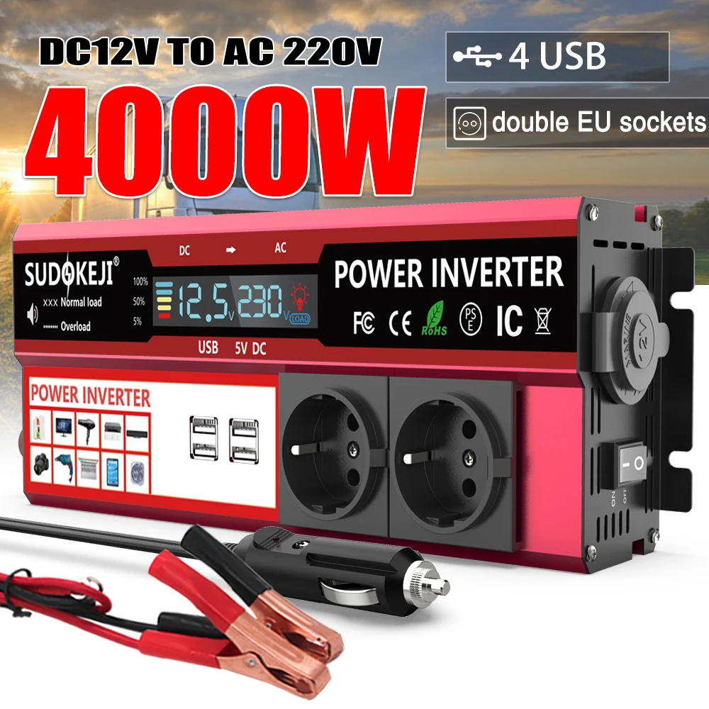 Inverter 12V A 220V 850W/2000W - Convertitore Di Tensione Con Display LCD E 2 Porte USB