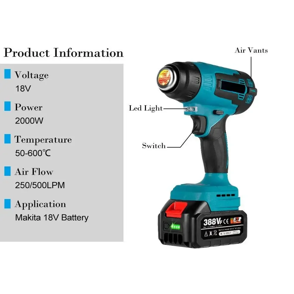 2000W Electric Heat Gun for Makita 18V Battery Cordless Handheld Hot Air  Gun with 3 Nozzles Industrial Home Hair Dryer