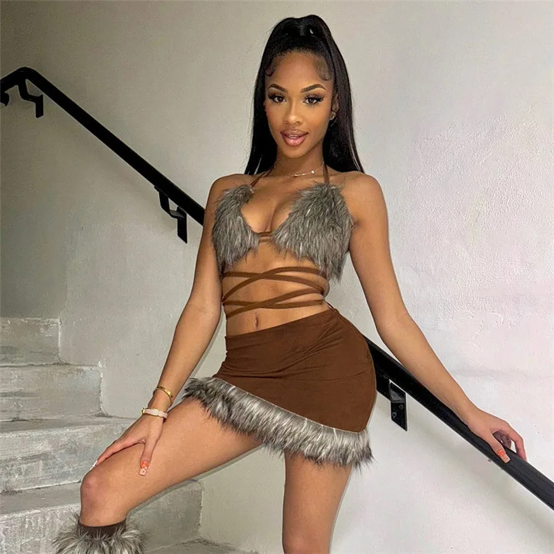 Fur Sexy Dress 2 Piece Skirt Sets 2023 Y2K Streetwear Crop Elegant Tops Mini Skirts Winter Fall Sexy Club Two Piece Sets Outfit