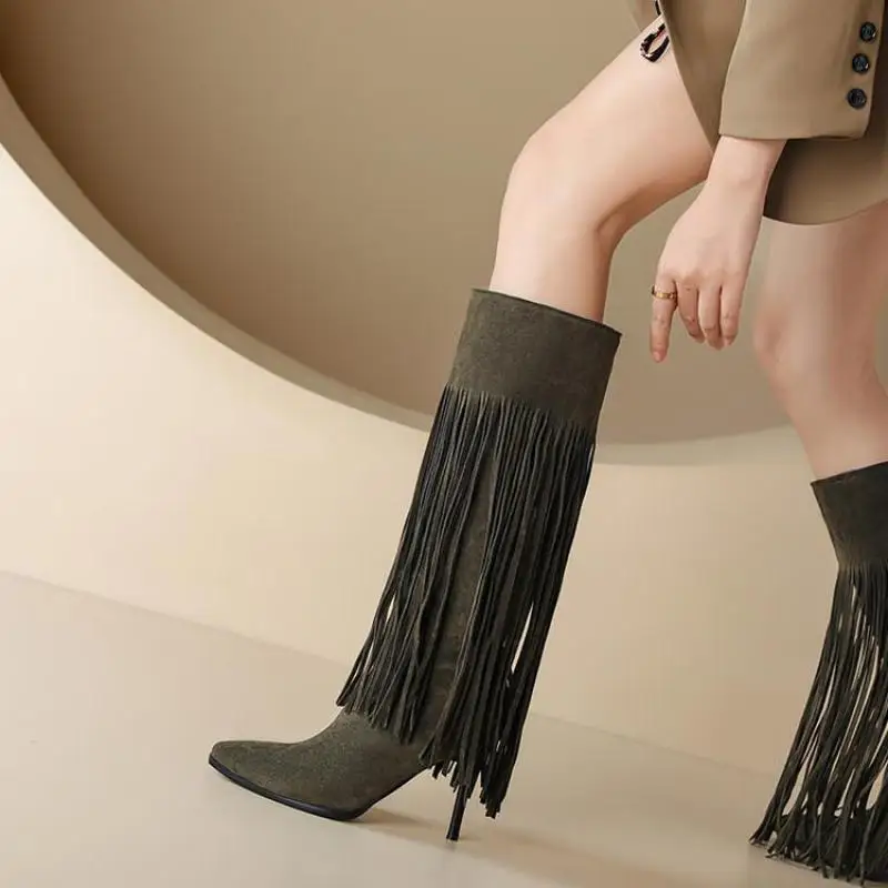 

2023 Autumn Tassel Boots Thin Heel Point Toe Long Boots Black Frosted Pointed Knight Boots