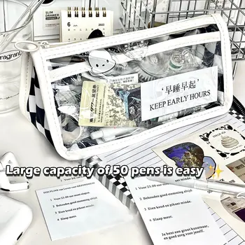 바둑판 투명 필통 가방, 대용량 카와이 펜 파우치, 한국 문구류, 학생용 학교 사무 용품