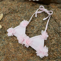 Cute 3D Flower Baby Girls Swimsuit Toddler Bikini Set Halter Neck Tie Up Tops + Elastic Waist Shorts Sheer Mesh Bathing Suit 5