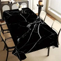 Nappe Moderne à Motif Marbre Noir, Veines Blanches, Bord Festonné, Résistante aux Taches, pour Salle à Manger et Décoration Intérieure Élégante 1